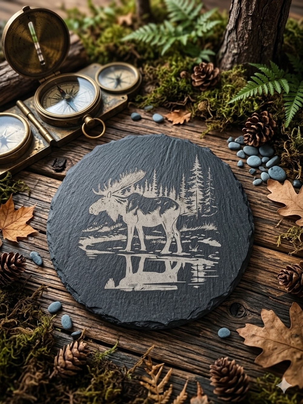 Slate Moose Coaster - Engraved Black Slate Round
